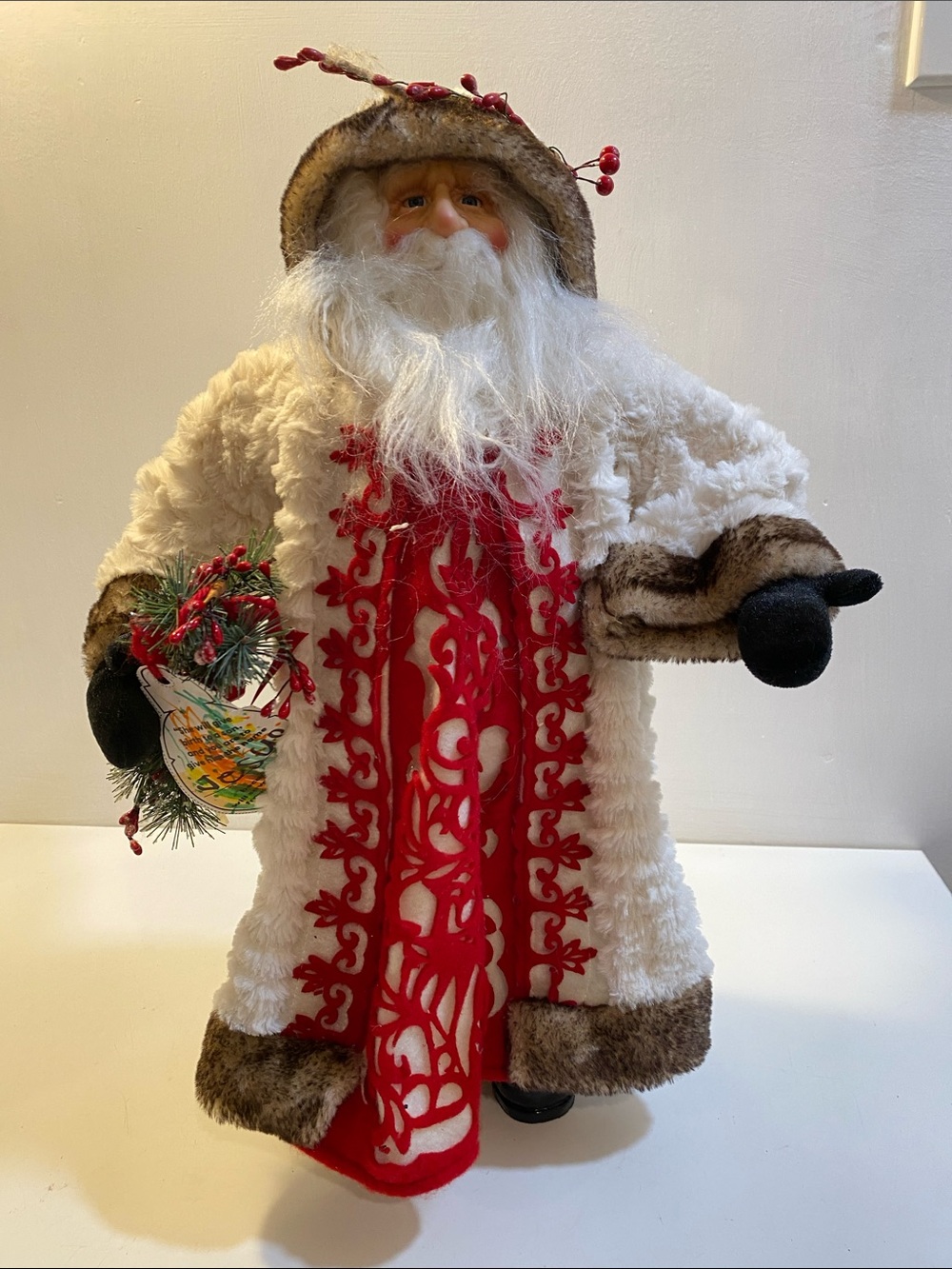 White Fur Santa Figurine with Red Trim